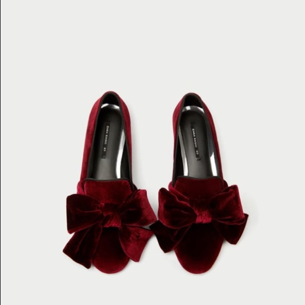 NWOT Zara Burgundy Red Velvet Loafers with Bow - Picture 3 of 7